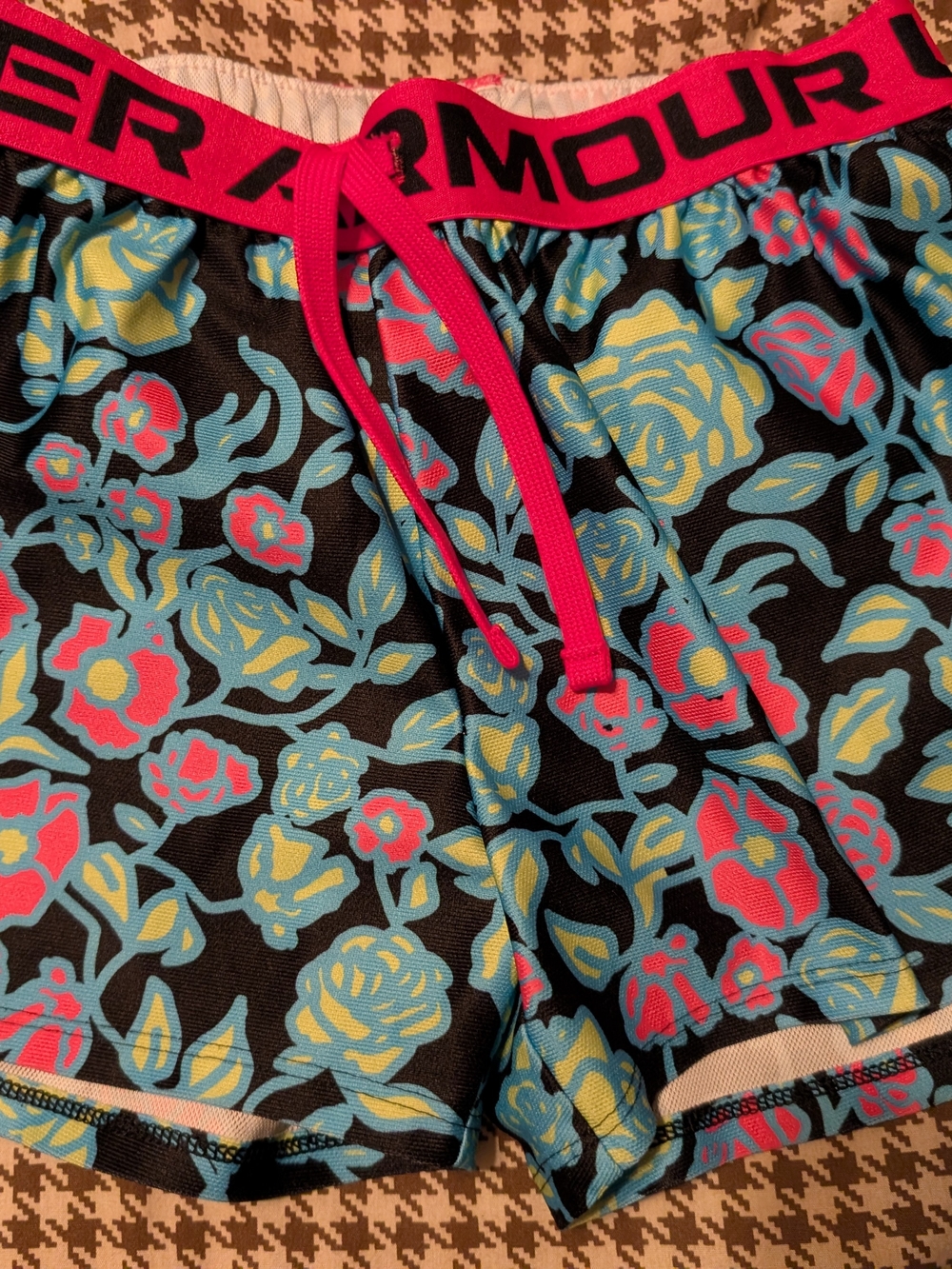 Under Armour Women's Black Floral Athletic Shorts with Pink Waistband